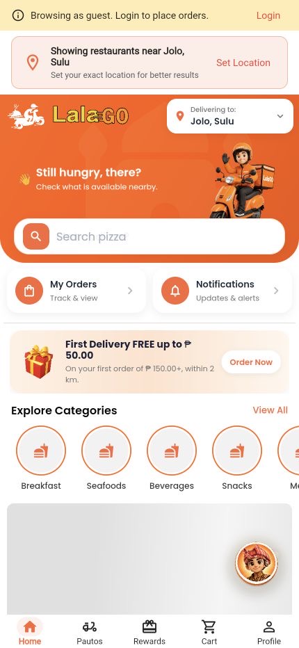 LalaGO Home screen with the PAUTOS tab visible in the bottom navigation